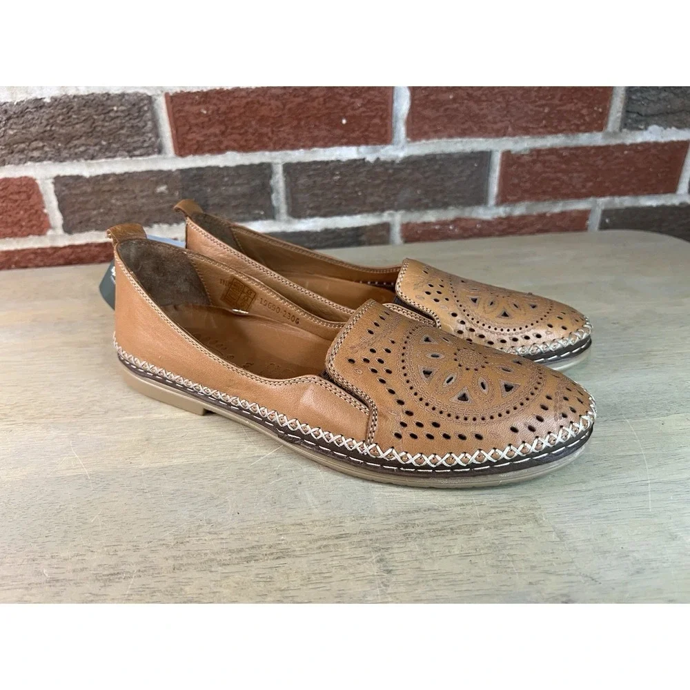 Spring Step Ingrid Women's Brown Leather Cutout‎ Floral Slip On Loafer Size 41